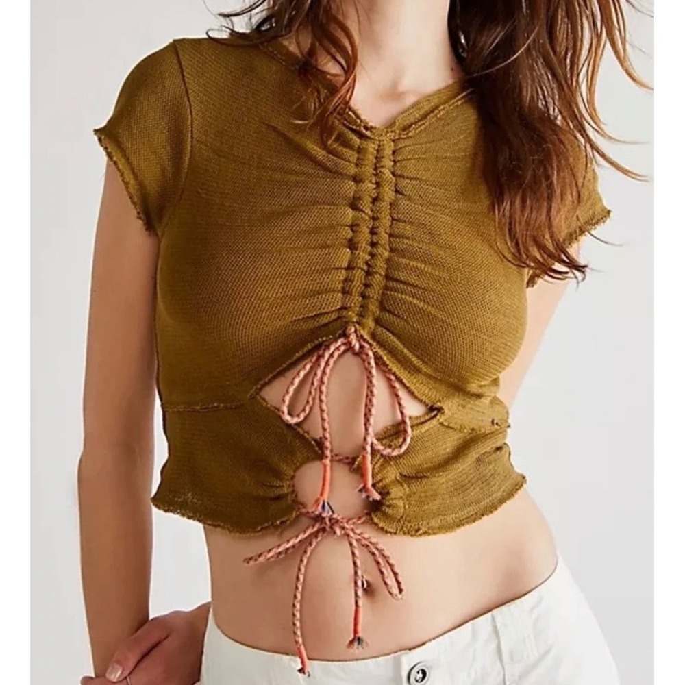 Free People Top XS Women's Crop Top Cutout Front Tie Olive Green Hot‎ Mesh Tee
